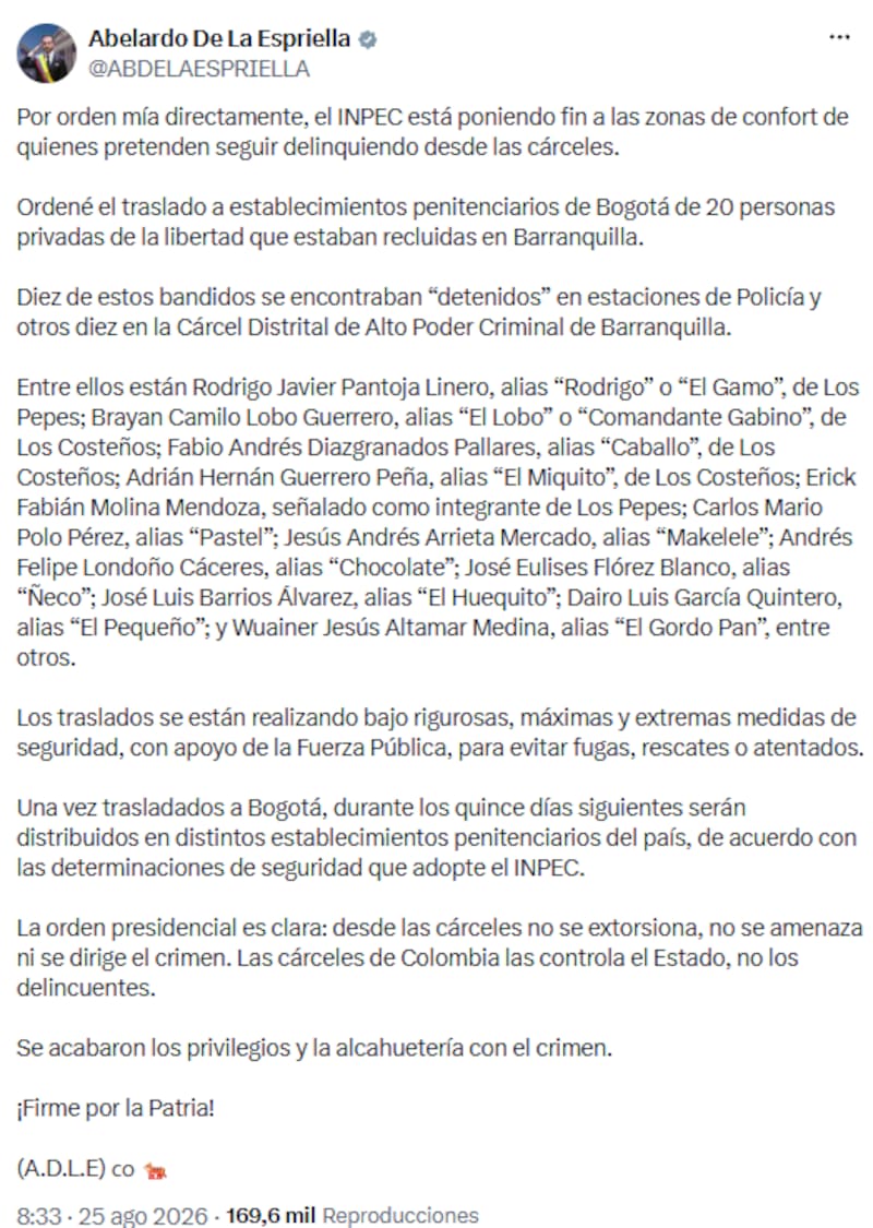 Gobierno mueve a 20 presos de Barranquilla a Bogotá para evitar que sigan coordinando delitos desde las cárceles.