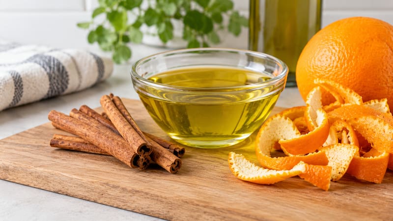 truco casero con oliva, canela y naranja