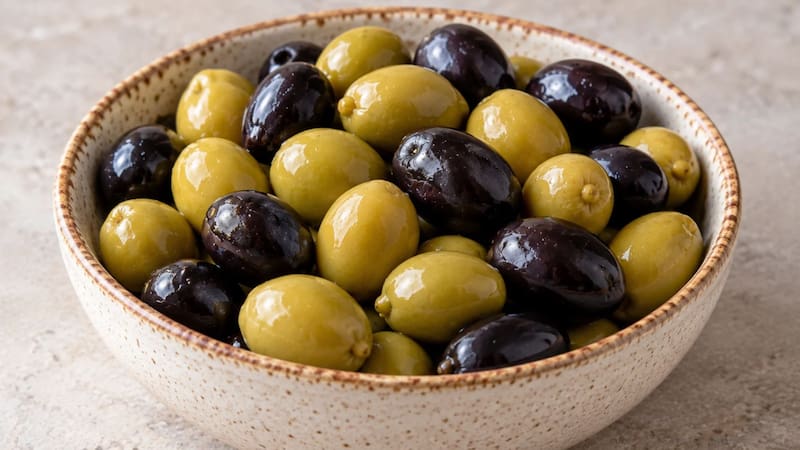 Aceitunas verdes y negras en un cuenco de cerámica.
