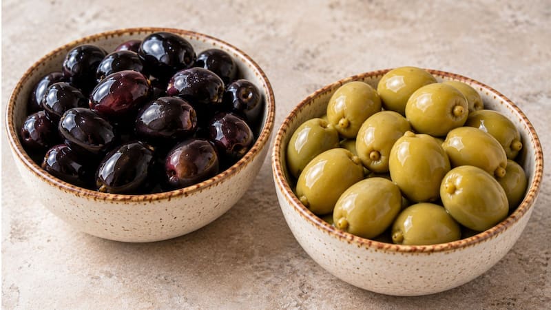 Aceitunas verdes y negras en recipientes separados.