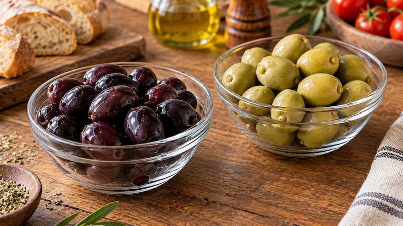 Aceitunas verdes y negras en recipientes de vidrio junto a otros alimentos.