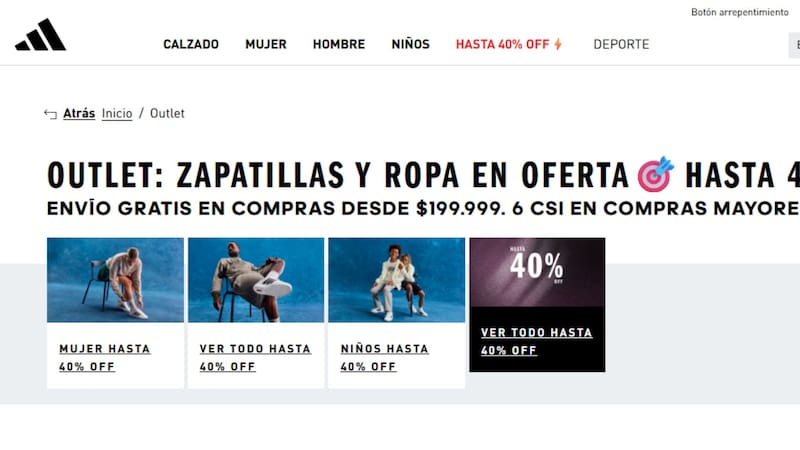 La página web de Adidas ofrece productos con 40% de descuento