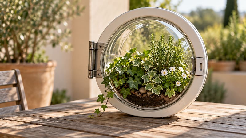 El cristal de la puerta de una lavadora vieja puede reutilizarse como macetero decorativo para el hogar o el jardín. Imagen ilustrativa del posible resultado final, generada con inteligencia artificial