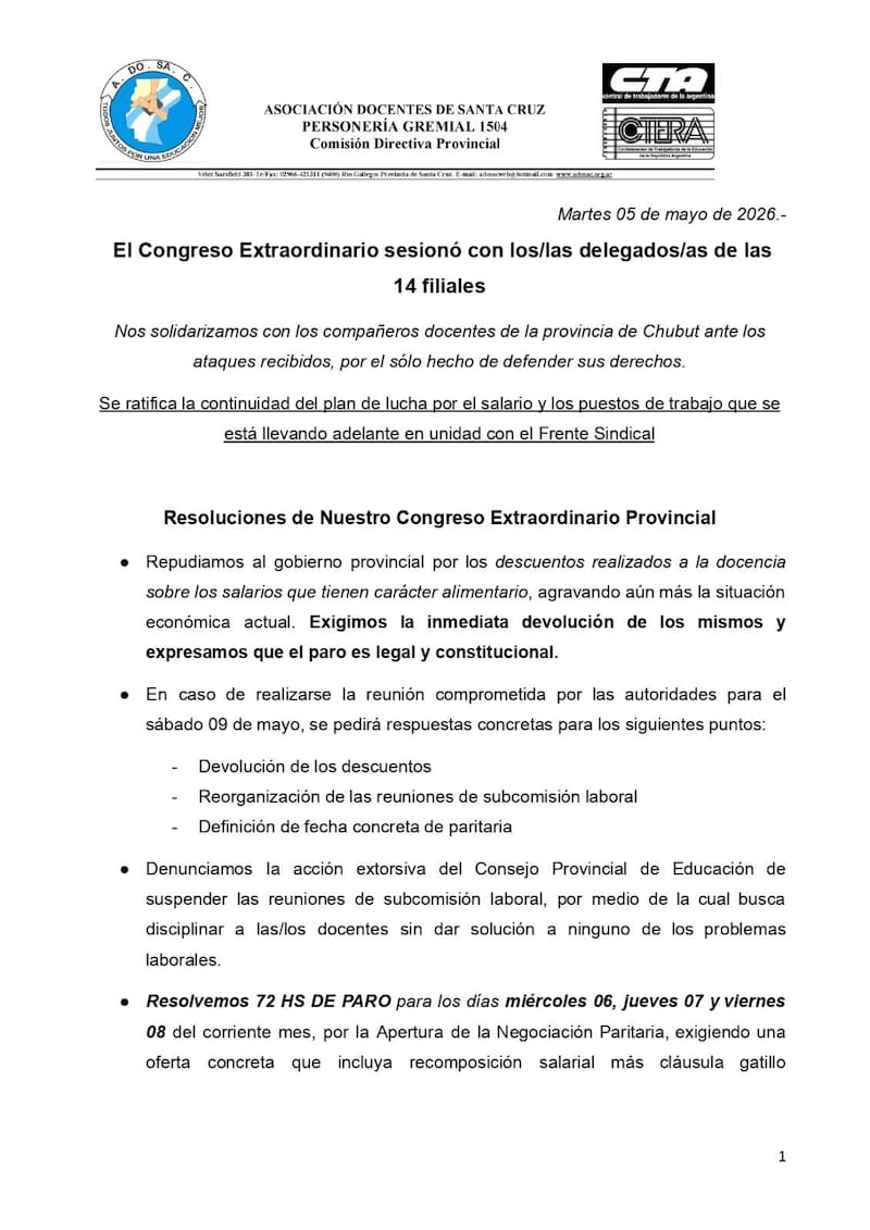 El Congreso Provincial de la Asociación Docentes de Santa Cruz anunció un paro docente de 72 horas. Foto (ADOSAC)