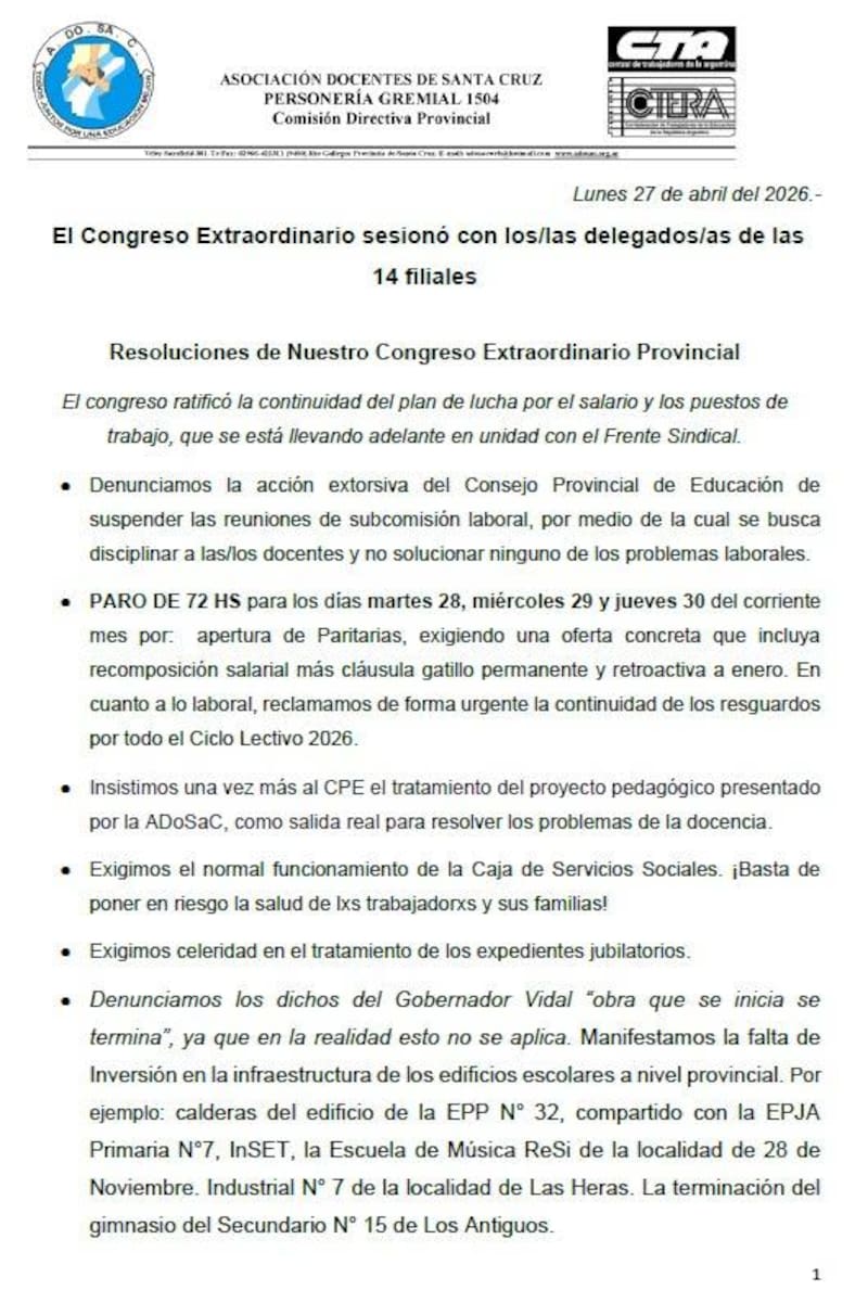 A través de un comunicado, ADOSAC resolvió la medida de fuerza ante la falta de respuesta del Ejecutivo Provincial. Foto (ADOSAC)