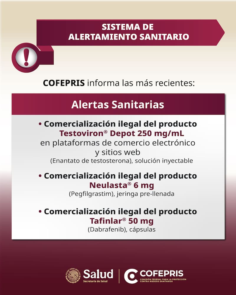 La alerta no se limita a medicamentos de venta común. COFEPRIS también identificó productos de alta especialidad médica, utilizados en el tratamiento de cáncer, artritis reumatoide y enfermedades autoinmunes.