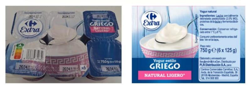 Advertencia para personas con alergia a los frutos secos o con problemas derivados de la ingesta de gluten: Presencia de gluten y frutos secos en yogur griego natural ligero. Fuente: AESAN.