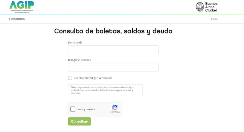 La consulta de deuda de Patentes se hace con el número de dominio del vehículo en el portal de AGIP.