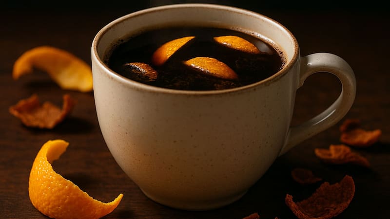 La mayoría de los baristas recomiendan una pequeña cáscara de naranja fresca sin la parte blanca. Foto (IA)