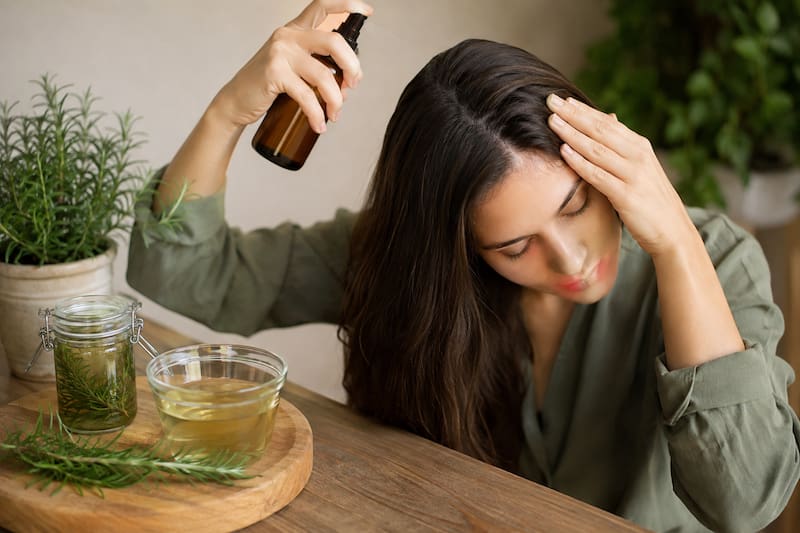 Rociar agua de romero sobre el cabello se recomienda como una forma de complementar la rutina de cuidado del cuero cabelludo.