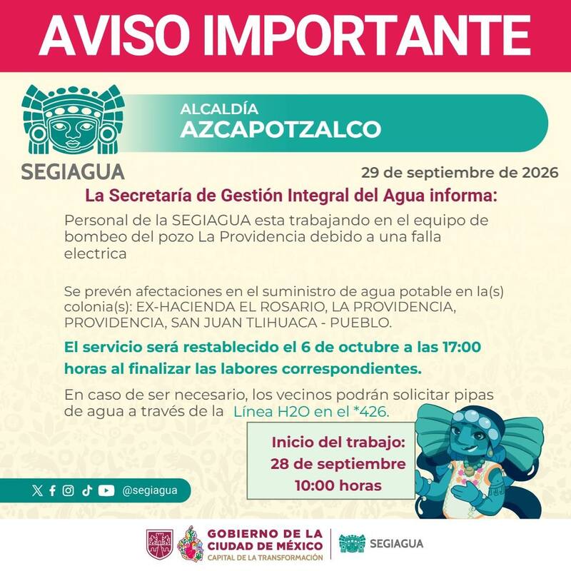 Afectación del sericio de agua potable hasta el 6 de octubre del 2016.