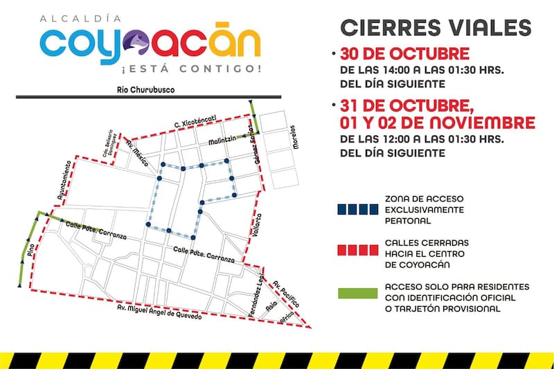 Mapa de cierres en centro de Coyoacán con cierres de hasta el 2 de noviembre por eventos de Día de Muertos.