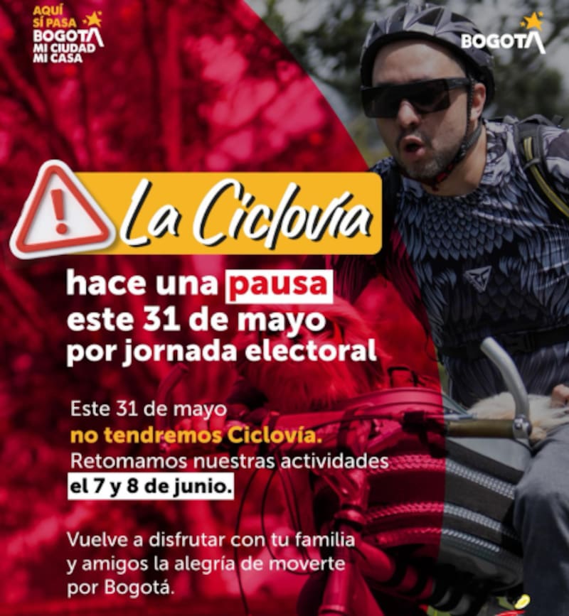La Ciclovía de Bogotá no operará durante la primera vuelta presidencial en Colombia.
