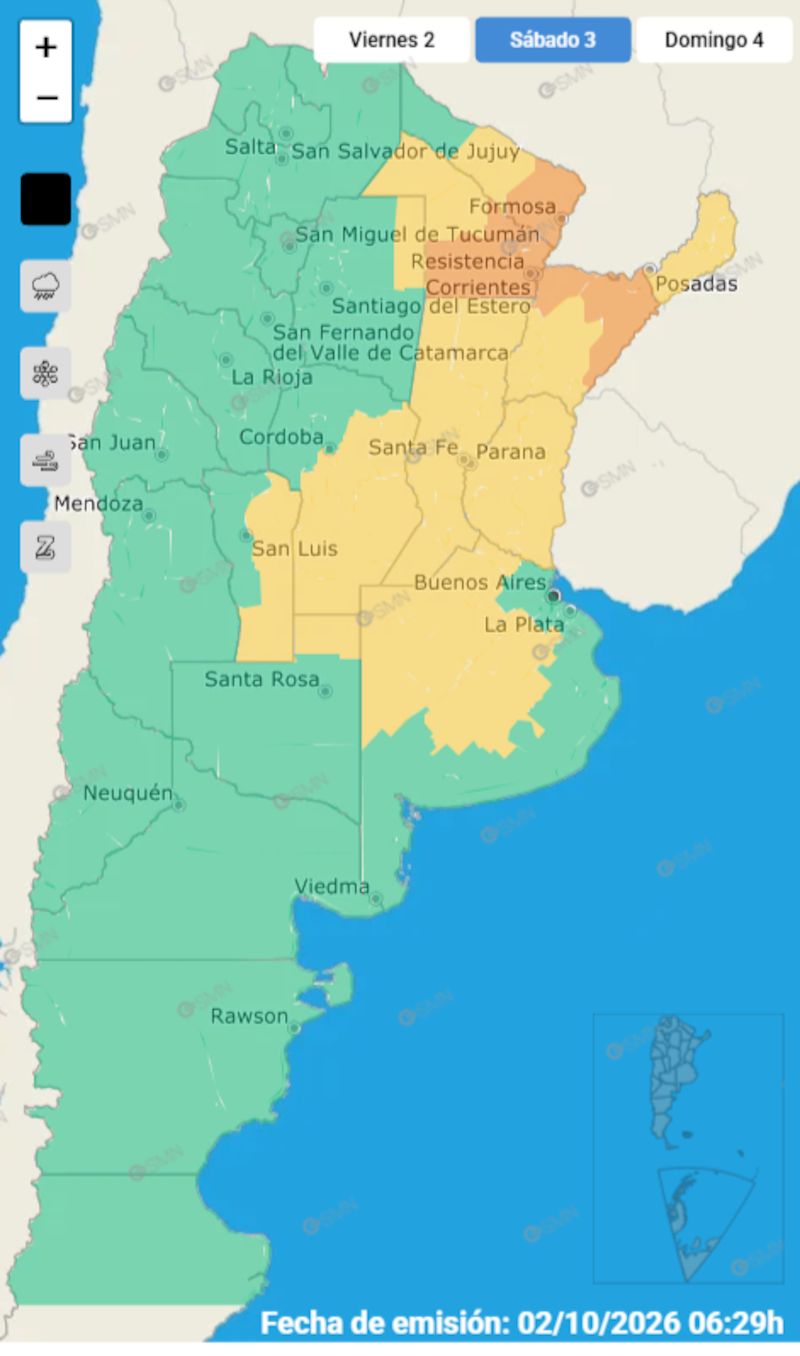 El mapa de alertas amarillas por tormentas que mantiene vigente el SMN para el sábado 3 de octubre. (Foto: SMN)