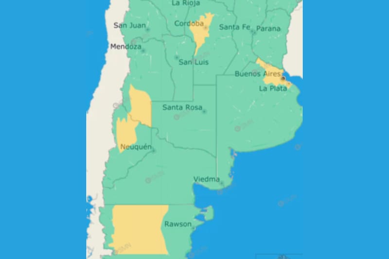 Alerta amarilla por tormentas en cinco provincias de Argentina.