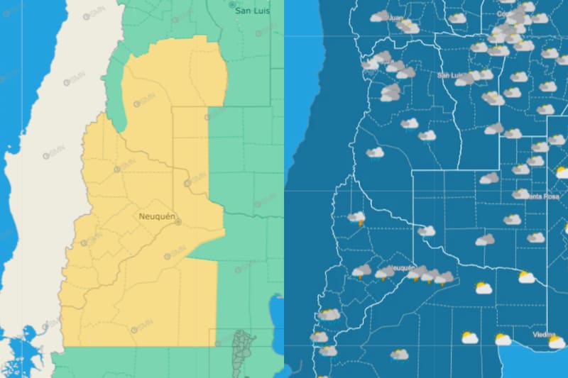 El SMN emitió una alerta amarilla por lluvias en Mendoza, Neuquén, La Pampa y Río Negro.