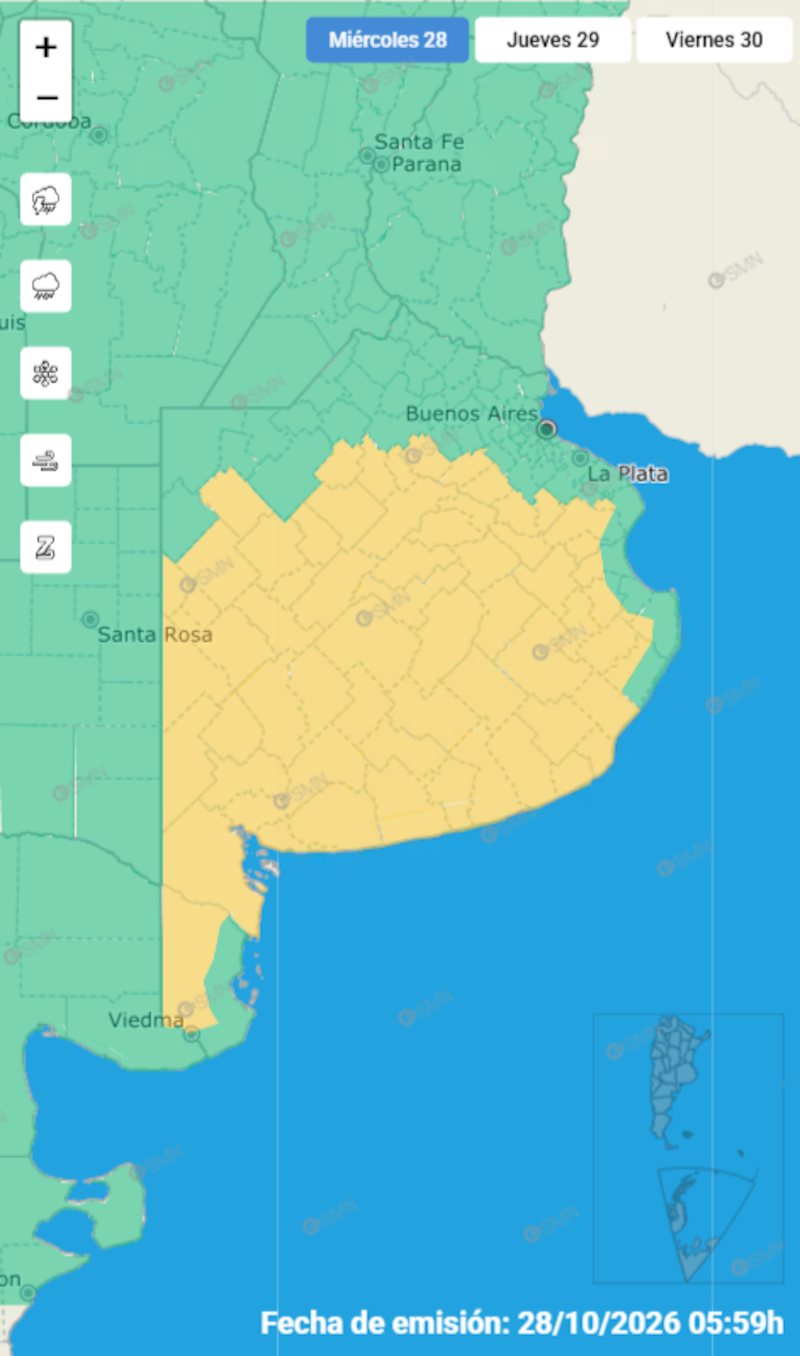 El mapa de alerta amarilla por tormentas fuertes en la provincia de Buenos Aires durante el miércoles 28 de octubre. (Foto: SMN)