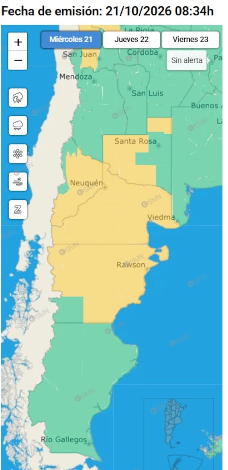 Alerta amarilla por tormentas este miércoles 21 de octubre: se esperan lluvias abundantes y ocasional caída de granizo en Río Negro, Neuquén y La Pampa.