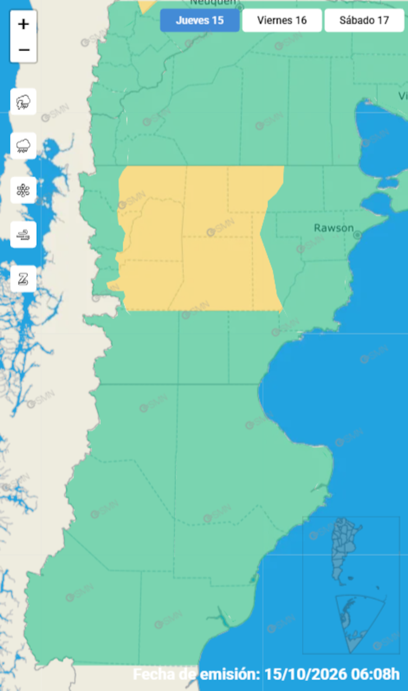 Alerta amarilla en Chubut por tormentas durante la tarde del jueves 15 de octubre. (Foto: SMN)