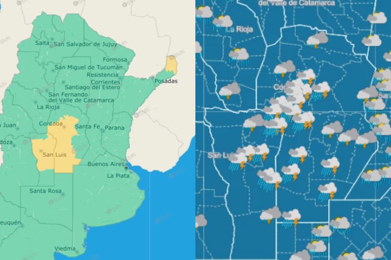 El SMN emitió una alerta amarilla por tormentas en Córdoba, San Luis y Misiones.