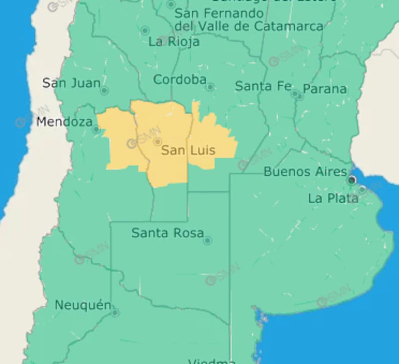 Alerta amarilla en Mendoza, San Luis y Córdoba.