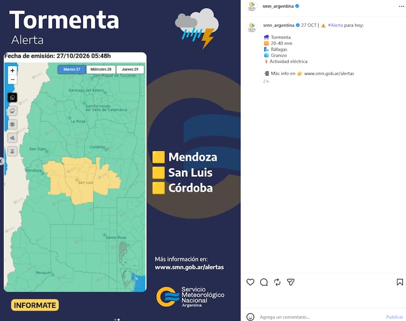 Alerta amarilla en Mendoza, San Luis y Córdoba.