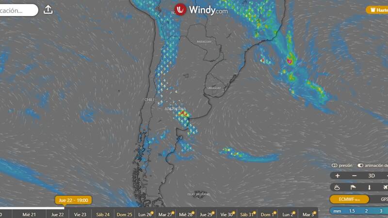 Alerta meteorológica por un ciclón que traerá lluvias torrenciales y tormentas eléctricas a estas provincias. Foto: Windy