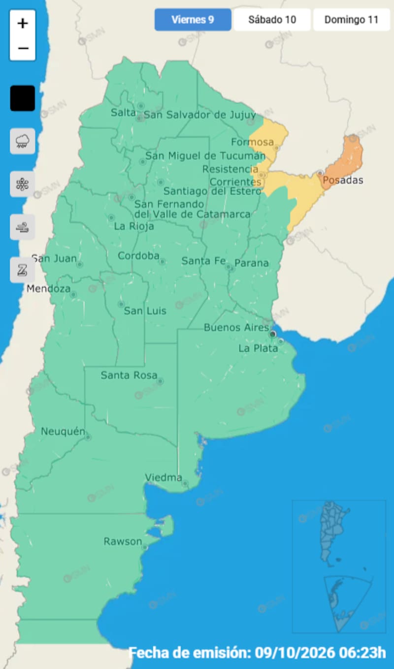 El aviso que mantiene vigente el SMN a través de su sitio web oficial, alcanza a cuatro sectores de la provincia de Misiones. (Foto: SMN)