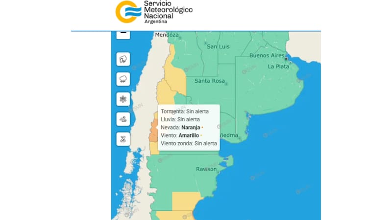 El Servicio Meteorológico Nacional amplió el terreno bajo alerta este 12 de junio en el norte de la Patagonia. Fuente: SMN.