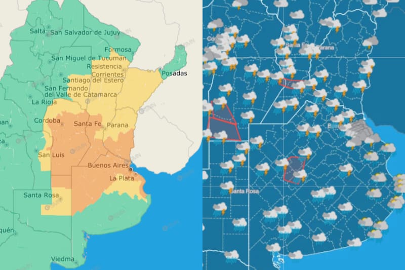 El SMN elevó a naranja el nivel de alerta por tormentas para sectores de Buenos Aires, Córdoba, Santa Fe, La Pampa, San Luis y Entre Ríos.