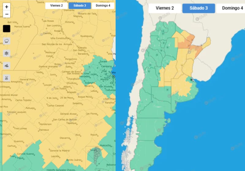 El SMN emitió alertas por tormentas en Buenos Aires y en varias regiones del país.
Izquierda: los distritos de Buenos Aires incluidos. Derecha: la composición de Argentina.