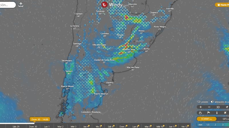 Alerta por un ciclón que traerá lluvias torrenciales y tormentas eléctricas por 48 horas: a qué zonas afecta. Foto: Windy