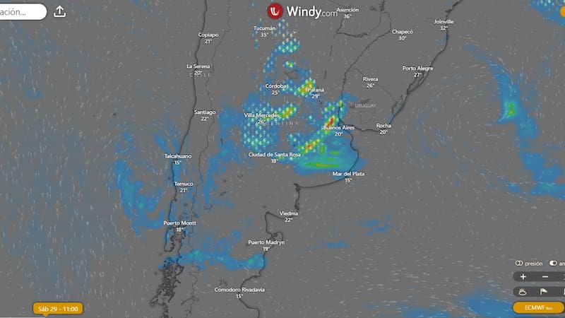 El pronóstico anticipa tormentas para el sábado por la mañana en varias provincias del país. Foto: Windy
