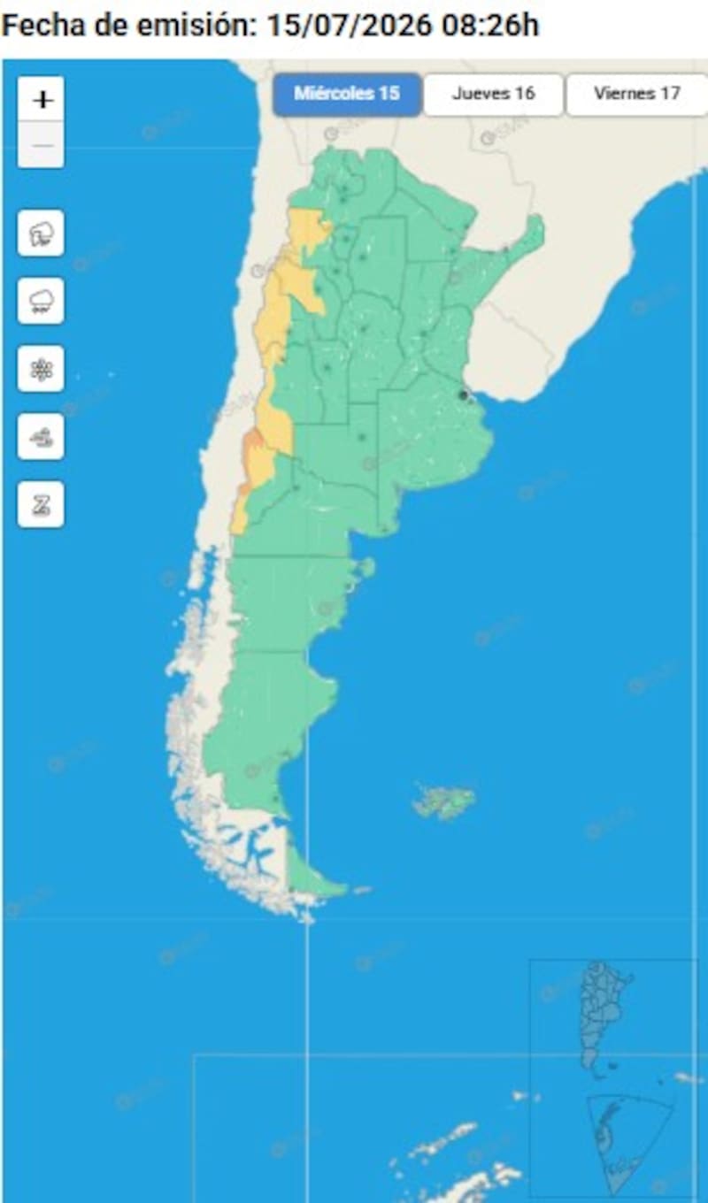 Los alertas emitidos por el Servicio Meteorológico para este miércoles.
