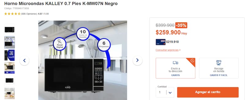 Alkosto ofrece un horno microondas de la marca Kalley por menos de $300.000.