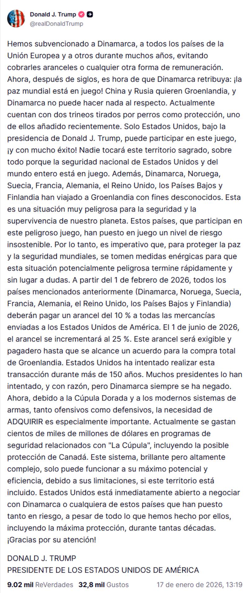 El posteo de Trump en Truth Social.