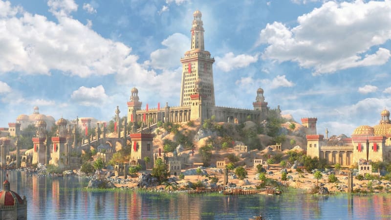 Ilustración digital del Faro de Alejandría: reconstrucción artística del majestuoso puerto antiguo y el histórico faro monumental.