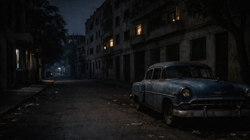 Apagón nocturno en un barrio de Cuba con calles oscuras y viviendas sin electricidad. Representación hecha con IA.