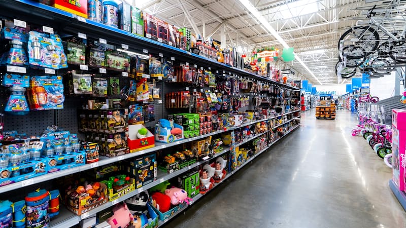 Apex, North Carolina - December 6 2025: Walmart Toy Department Aisle With Wide Selection Of Toys In Store Shopping Experience At Retail Location