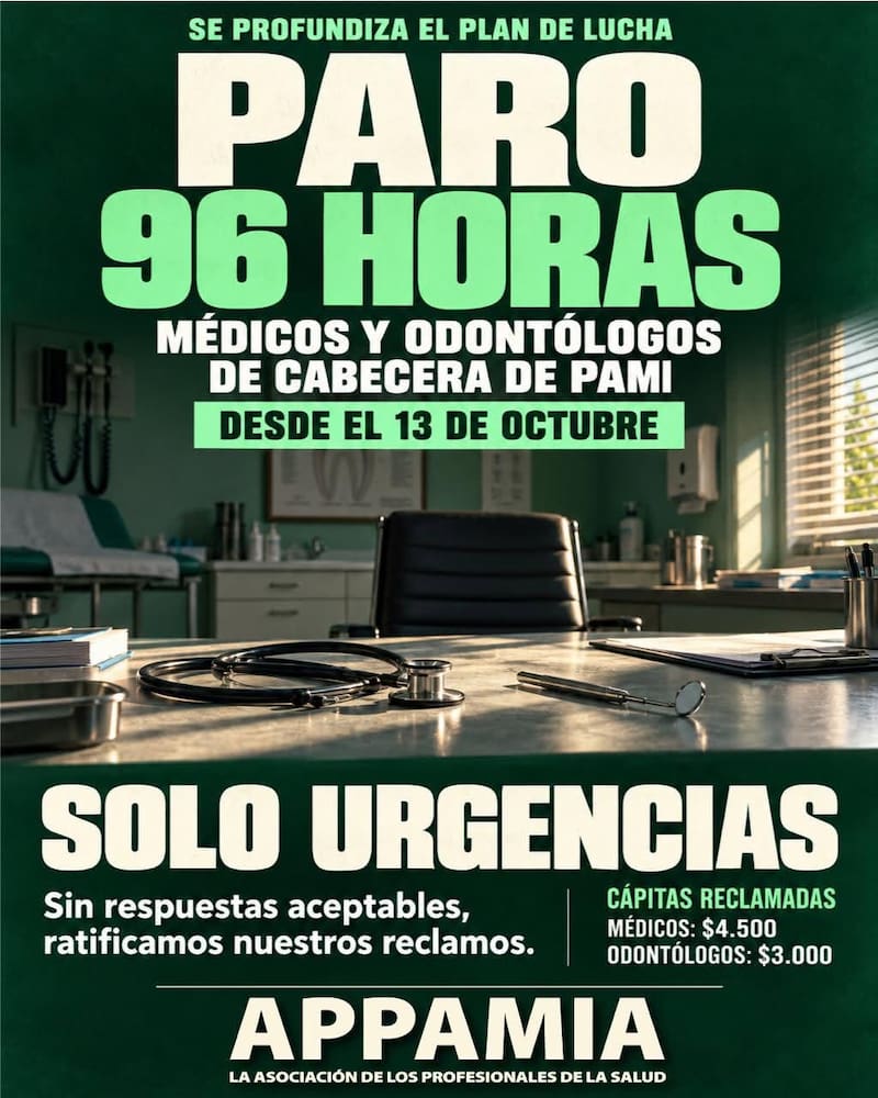 Suspenden turnos médicos del PAMI: paro de médicos y odontólogos por 96 horas, qué servicios quedan afectados.