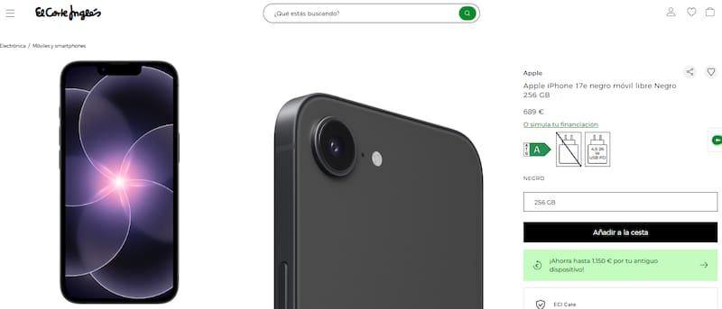 El iPhone 17e negro con 256 GB de almacenamiento se consigue por 689 euros en El Corte Inglés.