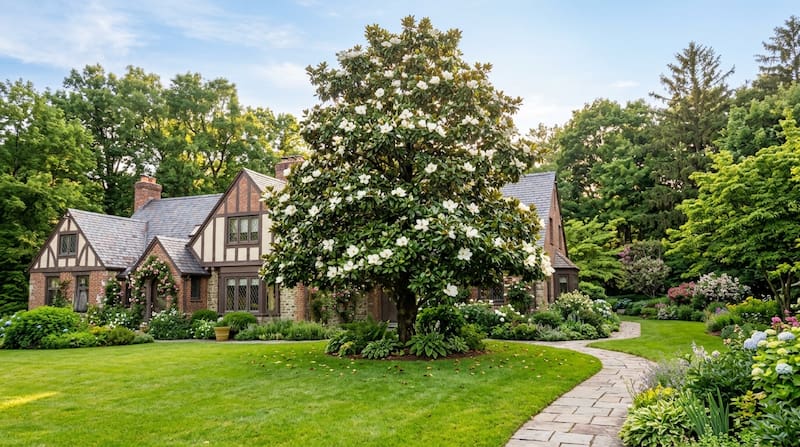 Originaria del sudeste de Estados Unidos, la magnolia grandiflora combina una floración llamativa con una copa amplia y un follaje perenne.