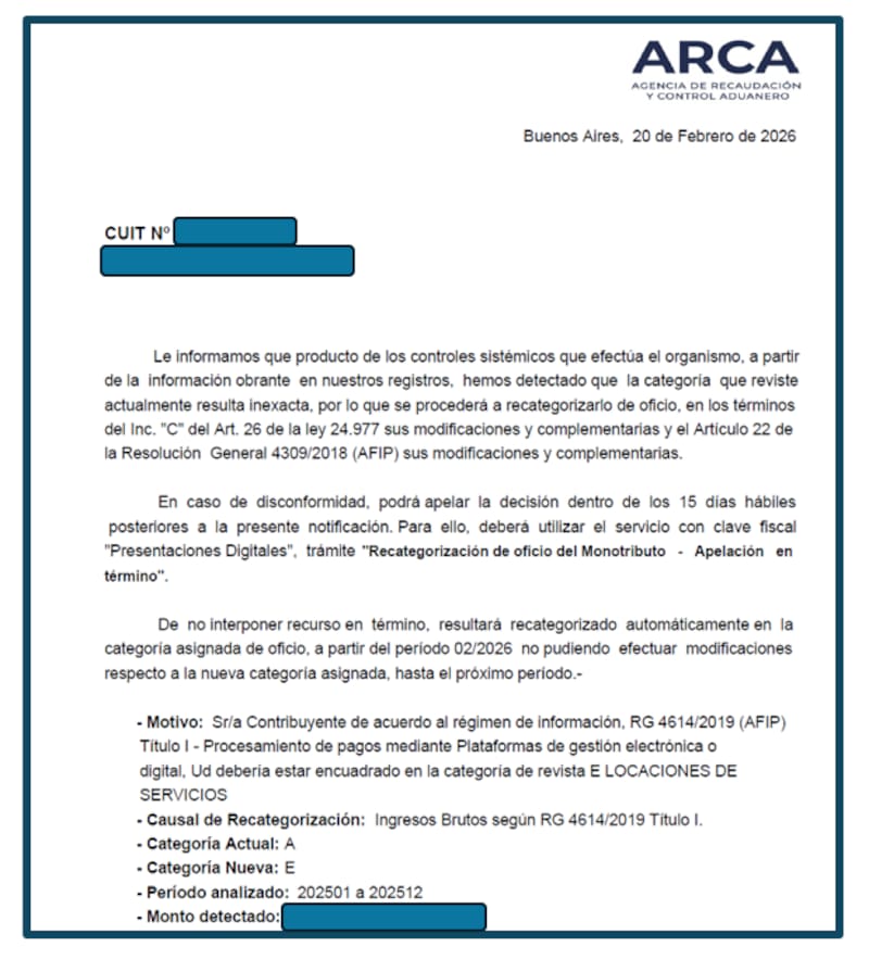Así es una notificación de recategorización de oficio enviada por ARCA a un contribuyente.