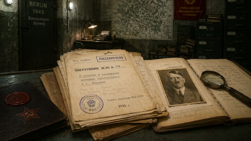 Ilustración generada por inteligencia artificial que recrea el búnker de la Cancillería de Berlín y los documentos desclasificados de la antigua KGB y del archivo de la FSB de Ivánovo, que dan nuevas pistas -y nuevas dudas- sobre la escena final de Adolf Hitler.