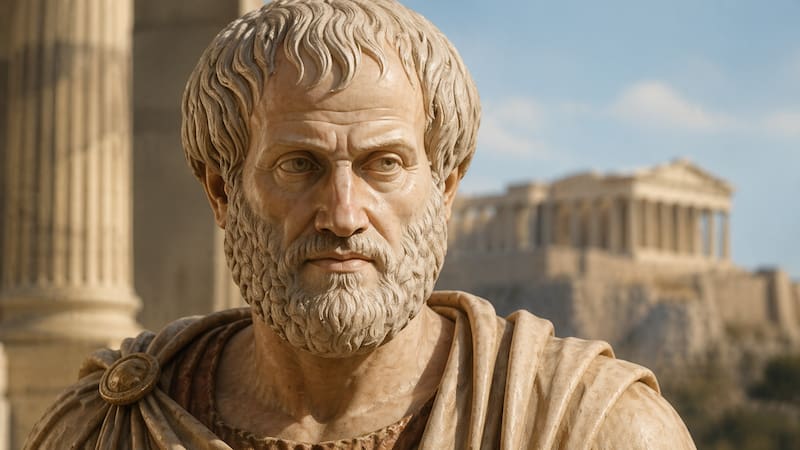 Aristóteles, filósofo griego: “Somos lo que hacemos repetidamente. La excelencia, entonces, no es un acto, sino un hábito”. (Representación creada con IA)