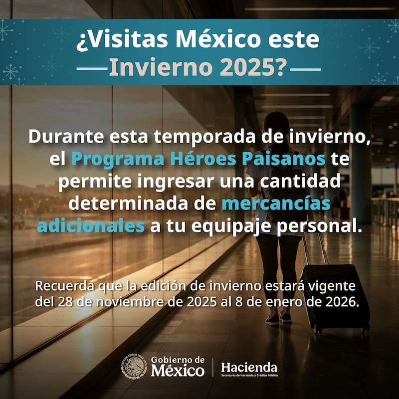 Con el programa Héroes Paisanos Invierno 2025, el SAT permite ingresar a México equipaje y mercancías sin pagar impuestos hasta el 8 de enero.
