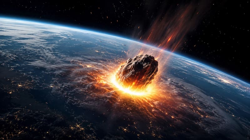Un asteroide impactaría en la tierra y la NASA enciende las alarmas: mide más de 300 metros y arrasaría con ciudades enteras. (Representación creada con IA)