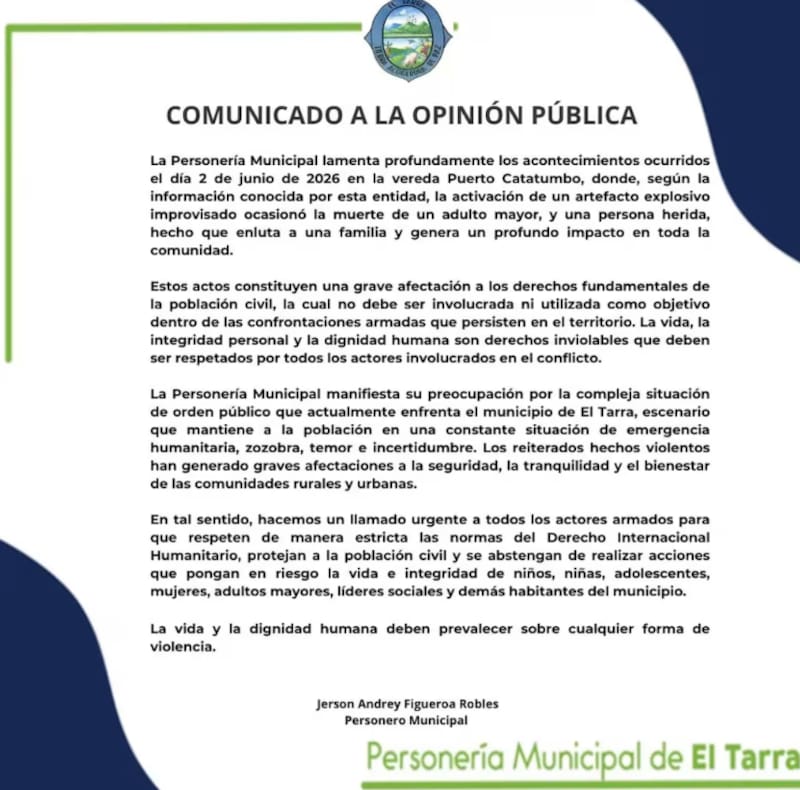 Mientras las autoridades investigan lo ocurrido, la Defensoría del Pueblo alertó por un nuevo desplazamiento masivo que profundiza la emergencia humanitaria en Catatumbo.