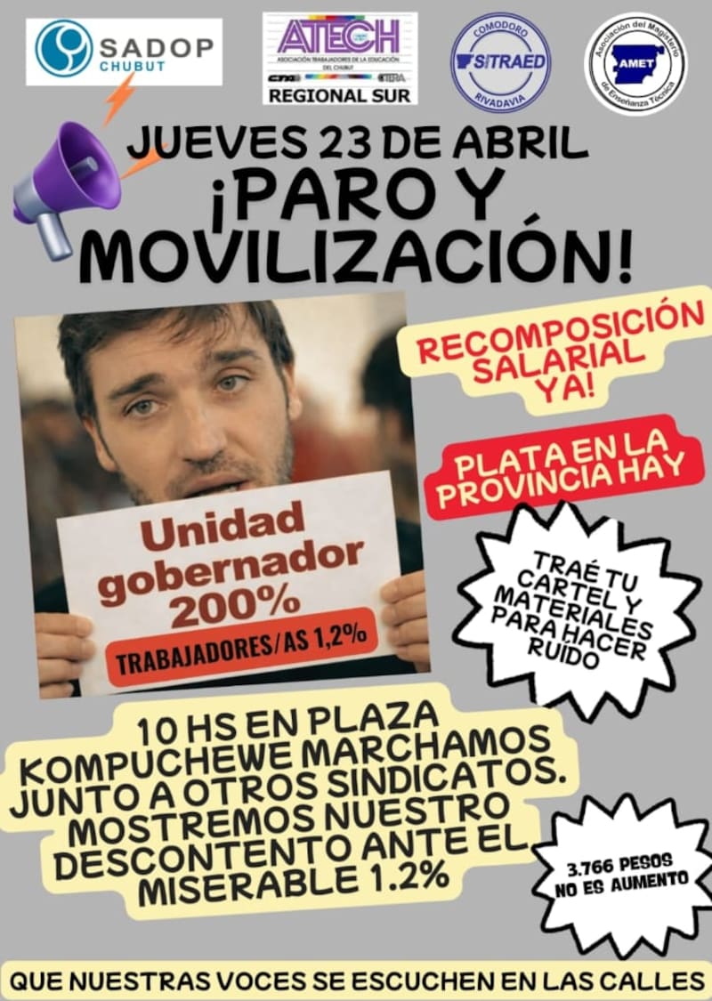 La Asociación de los Trabajadores de la Educación del Chubut Regional Sur anunció paro y movilización. Foto (ATECH)