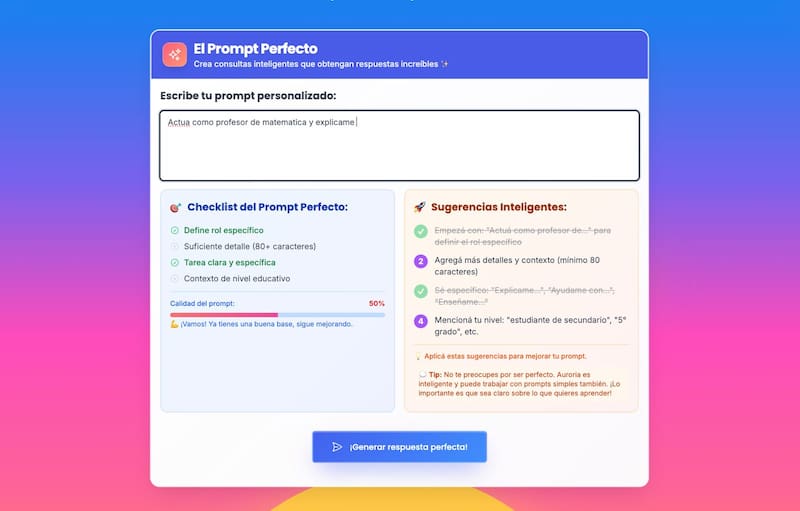 Auroria guía a los estudiantes en la construcción de consignas completas para interactuar con la inteligencia artificial de forma responsable.